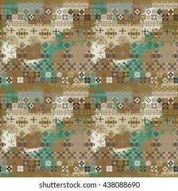 Ethnic boho seamless pattern. Tribal art colorful print, brushed texture. Abstract distressed background, watercolor paint spots, wrapping, wallpaper