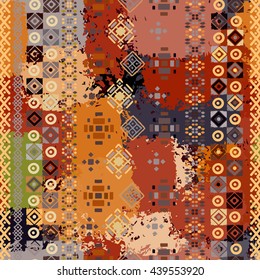 Ethnic boho seamless pattern. Tribal art colorful print, brushed texture. Abstract distressed background, watercolor paint spots, wrapping, wallpaper