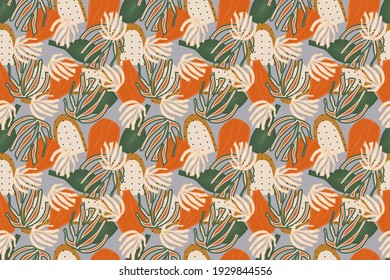 Ethnic boho seamless pattern with tropical leaves, arch and vase. Vector illustration in a trendy style and muted colors.