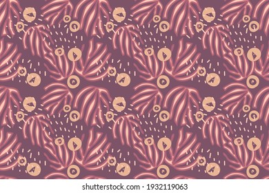 Ethnic boho seamless pattern with tropical leaves, and abstraction. Vector illustration in a trendy style and muted colors.