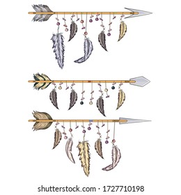 ethnic boho set of arrows, feathers and flowers, native american tribe decoration print element, tribal navajo