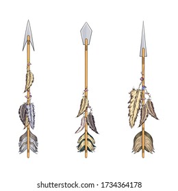 ethnic boho set of arrows, feathers and flowers, native american tribe decoration print element, tribal navajo