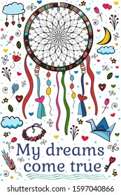 Ethnic boho set Dream Catcher. My dreams come true. Bed time story. 14 february. Collection of scrap elements for design. Cartoon vector Doodle illustration