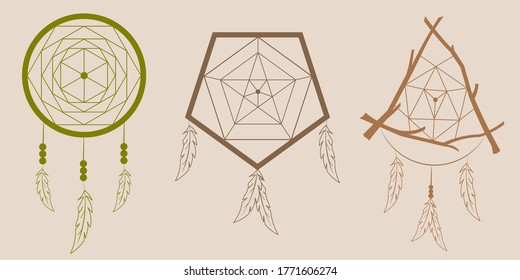 Ethnic boho set with dreamcatchers. Isolated on beige background. Vector Illustration.