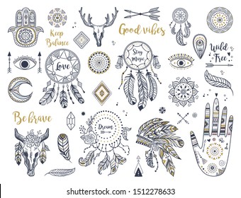 Ethnic boho set with hand, moon, dream catchers, hamsa, headdress, feathers, arrows, eye and other bohemian elements. Vector illustration. Perfect fpr logos, banners, posters, cards etc