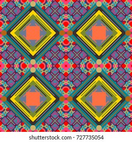 Ethnic boho style. Native batik watercolor artistic pink, blue and green seamless pattern. Vector illustration. Seamless hand drawn tribal tiles texture.