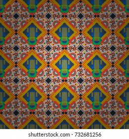 Ethnic boho style. Seamless hand drawn tribal tiles texture. Native batik watercolor artistic yellow, blue and gray seamless pattern. Vector illustration.