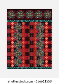 Ethnic boho style seamless pattern in red and blue colors. Vector fabric design