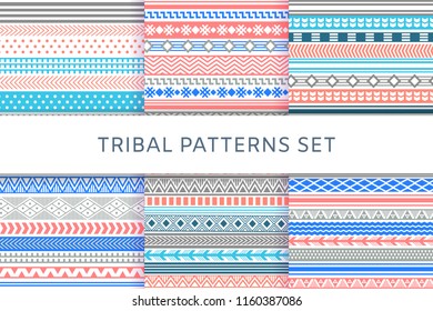 Ethnic boho tribal indian seamless patterns set. Colorful patterns for textile design. Vector illustration. 