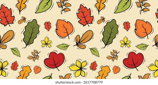 Ethnic boho tropical seamless pattern with Autumn Leaves. Boho Floral Garden Vector Hand Drawn Illustrations