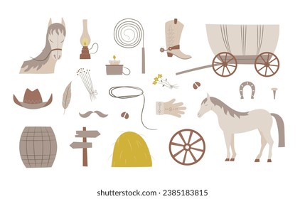 Ethnic boho west country elements set. Western wheel, horse, cowboy hat, wood barrel.
