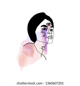 Ethnic boho woman or girl n abstract minimalism continuous line drawing style. Watercolor splashes and smudges. Esoteric arcane mystical symbols 
