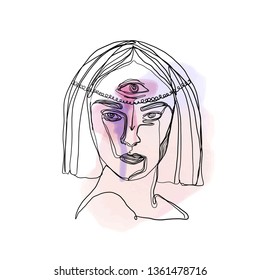 Ethnic boho woman or girl n abstract minimalism continuous line drawing style. Watercolor splashes and smudges. Esoteric arcane mystical symbols 