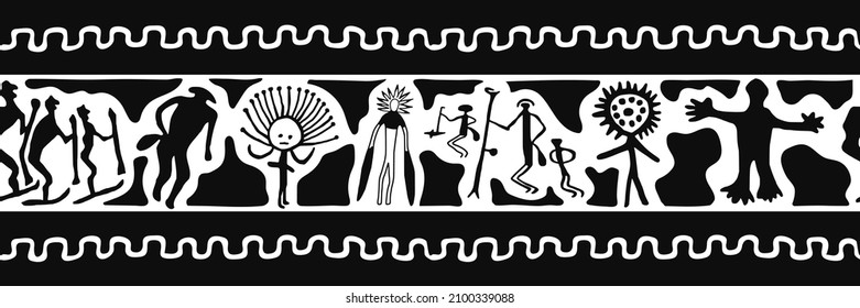 Ethnic border on the theme of rock paintings of Siberia, vector design. Seamless pattern, banner. 