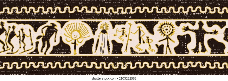 Ethnic border on the theme of rock paintings of Siberia, vector design. Seamless pattern, banner. 