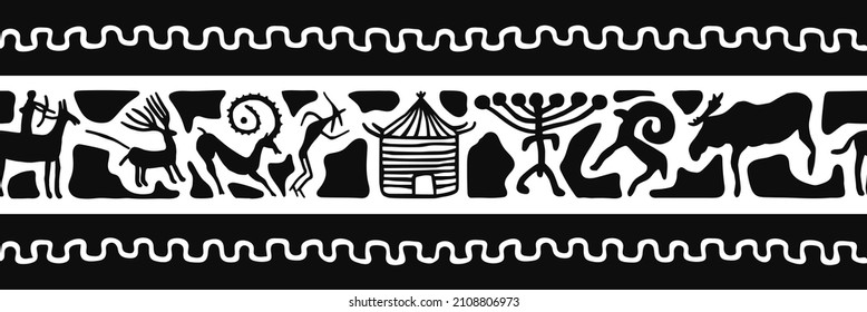 Ethnic border on the theme of rock paintings of Siberia, vector design. Seamless pattern, banner. 