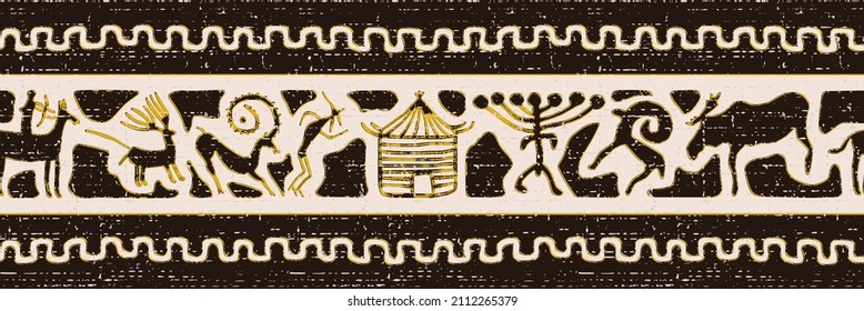 Ethnic border on the theme of rock paintings of Siberia, vector design. Seamless pattern, banner. 