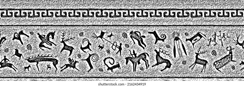 Ethnic border on the theme of rock paintings, vector design. Seamless pattern, banner. 
