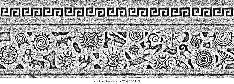 Ethnic border on the theme of rock paintings, vector design. Seamless pattern, banner. 