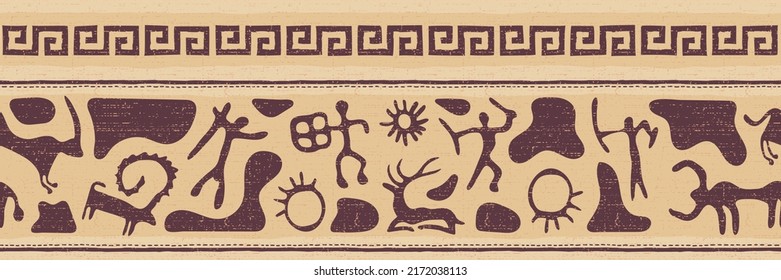 Ethnic border on the theme of rock paintings, vector design. Seamless pattern, banner. 