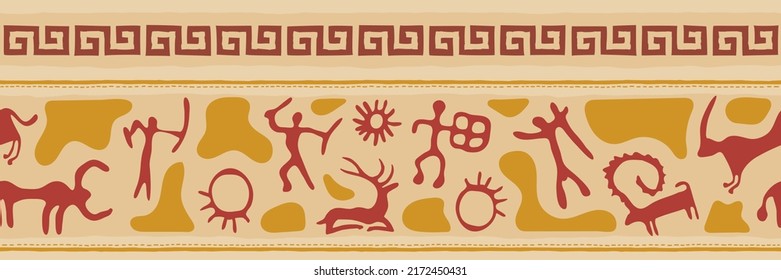 Ethnic border on the theme of rock paintings, vector design. Seamless pattern, banner. 