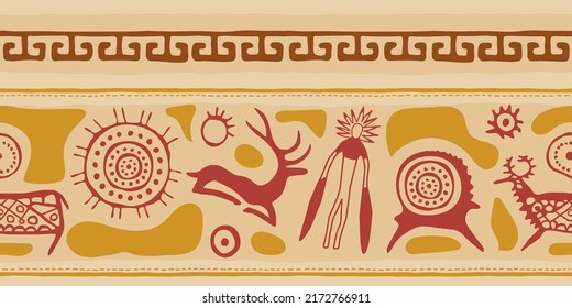 Ethnic border on the theme of rock paintings, vector design. Seamless pattern, banner. 