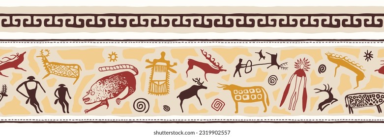 Frontera étnica sobre el tema de pinturas rupestres, diseño vectorial. Patrón sin foco, pancarta. 