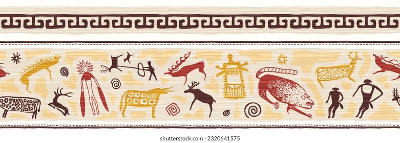 Ethnic border on the theme of rock paintings, vector design. Seamless pattern, banner. 