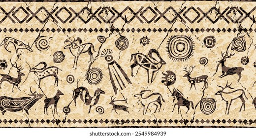 Ethnic border on the theme of rock paintings, petroglyphs, vector design, seamless pattern, banner