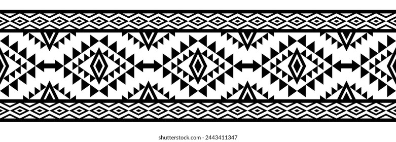 Ornamento étnico de frontera. Patrón geométrico étnico oriental sin costuras. Ilustración vectorial de rayas. Al estilo tribal nativo americano mexicano-africano. Borde de diseño, textil, tela, ropa, alfombra.