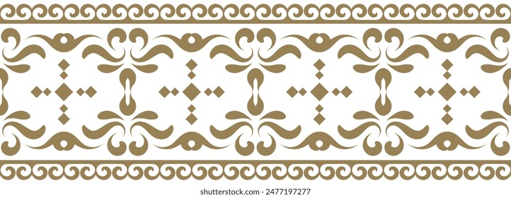 Ornamento étnico de frontera. Patrón geométrico étnico oriental sin costuras. Ilustración vectorial de rayas doradas. Nativo americano mexicano africano tribal. Borde de diseño, textil, tela, ropa, alfombra.