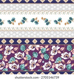 Patrón de frontera étnica con fondo de flores de rosa y peonía.