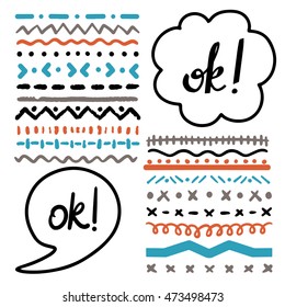 Ethnic borders. Boho print. Speech bubble, cloud. Handwritten word ok. Geometric shapes. Isolated on white background set