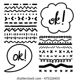Ethnic borders. Boho print. Speech bubble, cloud. Handwritten word ok. Geometric shapes. Isolated on white background set