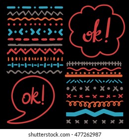 Ethnic borders. Boho print. Speech bubble, cloud. Handwritten word ok. Geometric shapes. Isolated on black background set