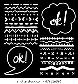 Ethnic borders. Boho print. Speech bubble, cloud. Handwritten word ok. Geometric shapes. Isolated on black background set