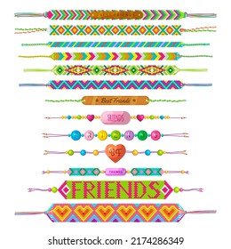 Ethnic bracelet. Handmade colored wristbands friendship connection symbols hippie recent vector jewelry templates