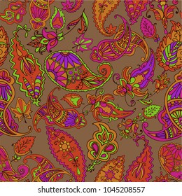 Ethnic bright pattern on a brown background. Turkish ornament. Multicolored oriental pattern in warm colors. Vector drawing in warm colors. A high resolution.