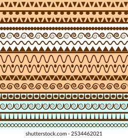 Patrón sin fisuras de color marrón y azul étnico con líneas. Textura decorativa geométrica. Vector de fondo.