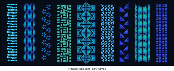 Ethnic brushes. African ethnic print. The Aztec pattern. Oriental lace tape. Indian jewel. Embroidery on fabric. Asian ornament. Tribal art. The decoration of clothes. Ribbon, border.