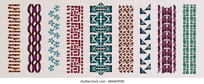 Ethnic brushes. African ethnic print. The Aztec pattern. Oriental lace tape. Indian jewel. Embroidery on fabric. Asian ornament. Tribal art. The decoration of clothes. Ribbon, border.