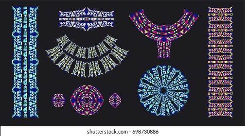 Ethnic brushes. African ethnic print. The Aztec pattern. Oriental lace tape. Indian jewel. Embroidery on fabric. Asian ornament. Tribal art. The decoration of clothes. Ribbon, border.