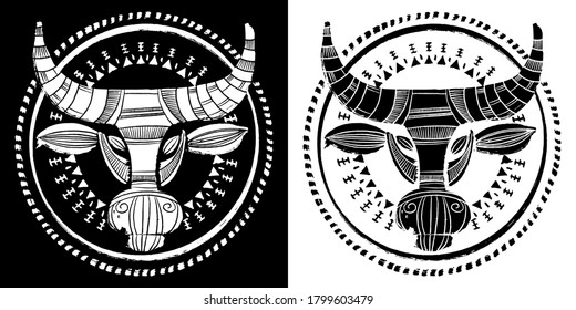 Ethnic bull, black and white, hand drawn vector illustration. 2021 year of the cow