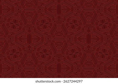 Ethnic burgundy background, cover design, presentation banner. Geometric decorative 3D pattern, art deco. Embossed tribal ornaments, arabesques, mandala of the East, Asia, India, Mexico, Aztec, Peru.