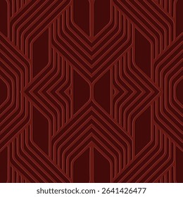 Ethnic burgundy background, cover design, banner, ornamental wallpaper. Geometric linear 3D pattern, embossing. Relief ornaments, arabesques, mandala, fresco of the East, Asia, India, Mexico, Aztec.