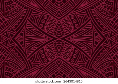 Ethnic burgundy background, cover design, banner, wallpaper. Geometric unique creative 3D pattern, embossing. Exotic ornaments, arabesques, mandala, fresco of the East, Asia, India, Mexico, Aztec.