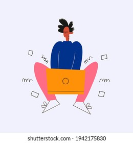 ethnic business man is actively typing on a laptop in a lotus position. Stress and frustration at work. Deadline and mental workload. Busy and late. Multitasking day. Trendy flat textured character.