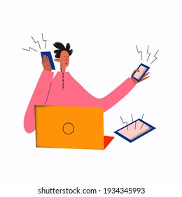 ethnic business man calls all the phones.Lots of notifications in smartphones.The concept of deadline and stress at work. Hotline and communication.Business communication by phone.Trendy flat texture