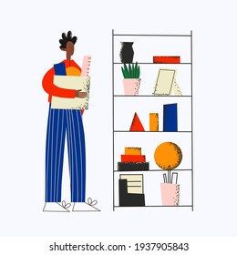 ethnic business man in office workspace.Manager takes things to the closet.Rack with office supplies.Dismissal and relocation concept.The worker carries a box with documents and tools.Colorful flat