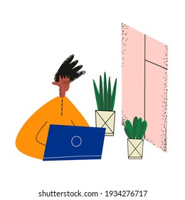 ethnic business man working at a laptop and looking out the window. Workplace boredom and fatigue. Tired of working. Online remote work concept. Trendy flat textured character